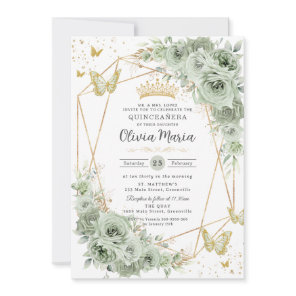 Sage Green Floral Butterflies Gold Quinceañera  Invitation