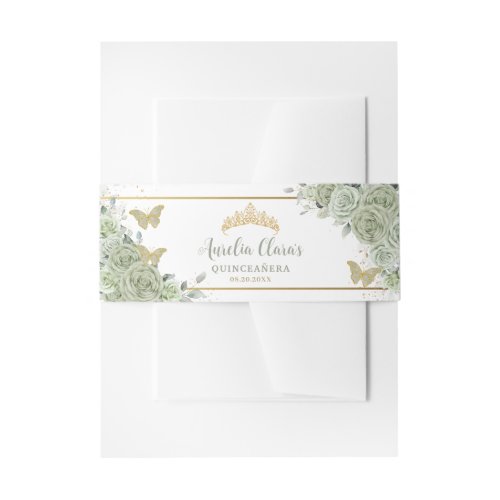 Sage Green Floral Butterflies Gold Quinceanera Invitation Belly Band