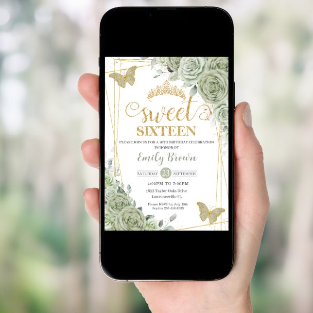 Sage Green Floral Butterflies Gold Sweet Sixteen Invitation (Front Digital)