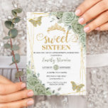 Sage Green Floral Butterflies Gold Sweet Sixteen Invitation<br><div class="desc">This chic Sweet 16 Birthday invitation features a gold glitter geometric frame adorned by delicate watercolor sage green floral, soft sage greenery and sage and gold butterflies. Personalize it with your details easily and quickly, simply press the customise it button to further re-arrange and format the style and placement of...</div>