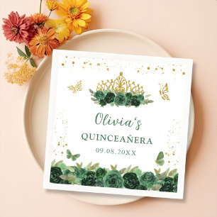 Sage Green Floral Butterflies Quinceañera Birthday Napkins