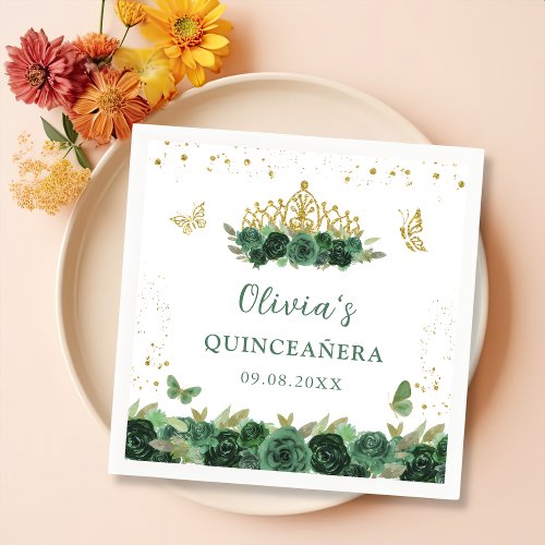 Sage Green Floral Butterflies Quinceaera Birthday Napkins