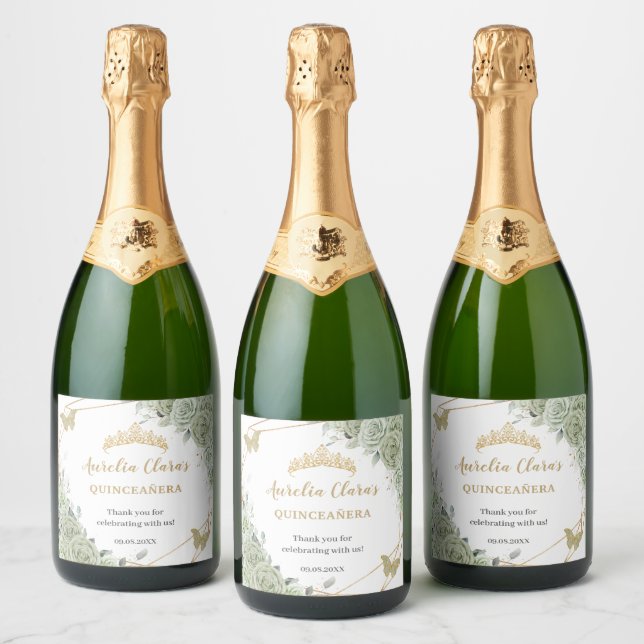Sage Green Floral Butterflies Quinceañera Birthday Sparkling Wine Label (Bottles)