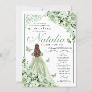 Sage Green Floral Butterflies Quinceanera Invitation