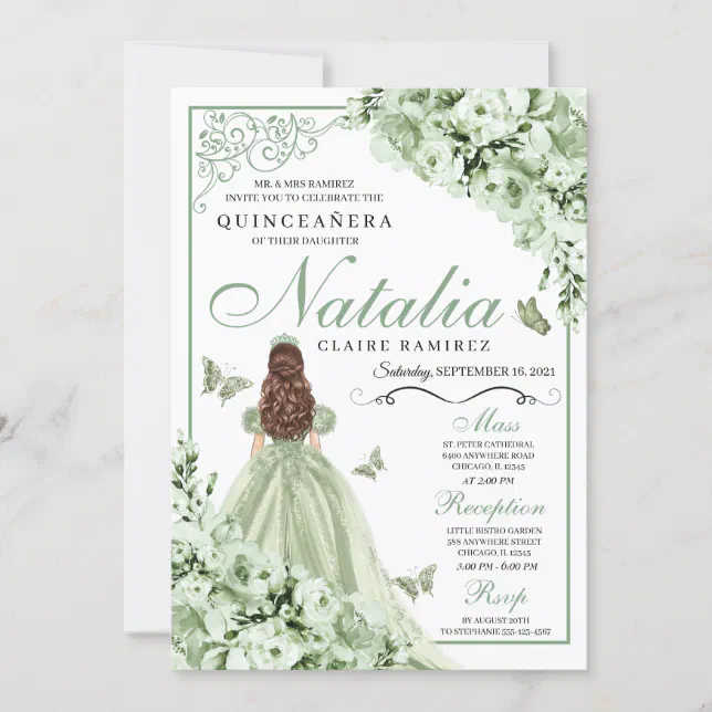 Sage Green Floral Butterflies Quinceanera Invitation Zazzle