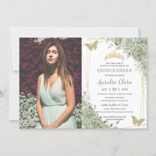 Sage Green Floral Butterflies Quinceaera Photo Invitation