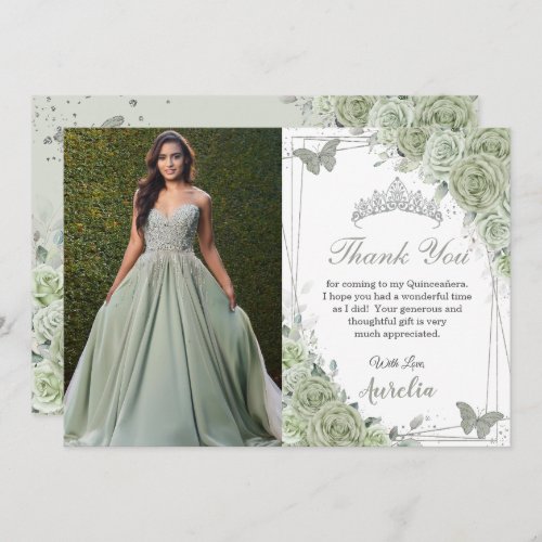Sage Green Floral Butterflies Quincea&#241;era Photo Thank You Card