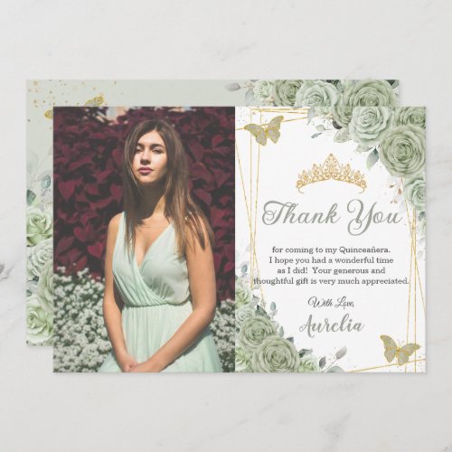 Sage Green Floral Butterflies Quinceaera Photo Thank You Card