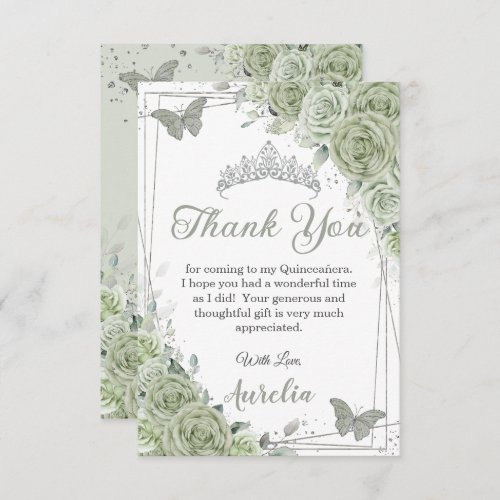 Sage Green Floral Butterflies Quincea&#241;era Sweet 16 Thank You Card