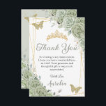 Sage Green Floral Butterflies Quinceañera Sweet 16 Thank You Card<br><div class="desc">This chic Quinceañera photo thank you card features a gold geometric frame adorned by delicate watercolor sage green floral, soft sage greenery and fluttery butterflies . Personalize it with your details easily and quickly, simply press the Edit Using Design Tools button to further re-arrange and format the style and placement...</div>