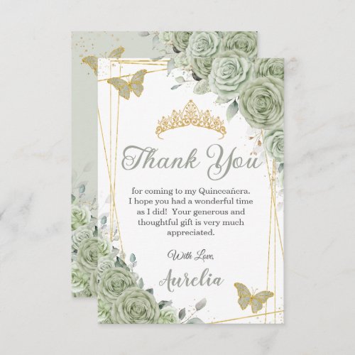 Sage Green Floral Butterflies Quinceaera Sweet 16 Thank You Card