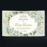 Sage Green Floral Butterflies Quinceañera Welcome Banner<br><div class="desc">Personalize this elegant sage green floral Quinceañera / Sweet 16 / Debutante Ball / 18th birthday welcome backdrop banner easily and quickly. Simply click the customize it further button to edit the texts, change fonts and fonts colors. Featuring beautiful sage green peony flowers, a princess crown and gold and sage...</div>