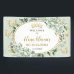 Sage Green Floral Butterflies Quinceañera Welcome Banner<br><div class="desc">Personalize this elegant sage green floral Quinceañera / Sweet 16 / Debutante Ball / 18th birthday welcome backdrop banner easily and quickly. Simply click the customize it further button to edit the texts, change fonts and fonts colors. Featuring beautiful sage green peony flowers, a princess crown and gold and sage...</div>