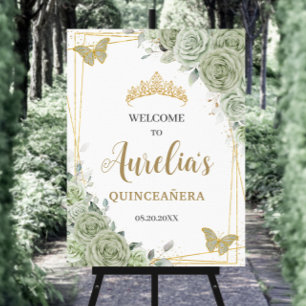 Sage Green Floral Butterflies Quinceañera Welcome Foam Board