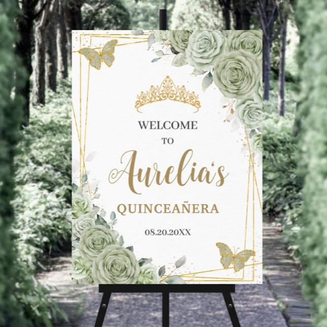 Sage Green Floral Butterflies Quinceañera Welcome Foam Board (Creator Uploaded)