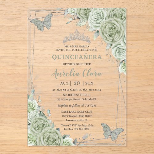 Sage Green Floral Butterflies Silver Quincea&#241;era Acrylic Invitations