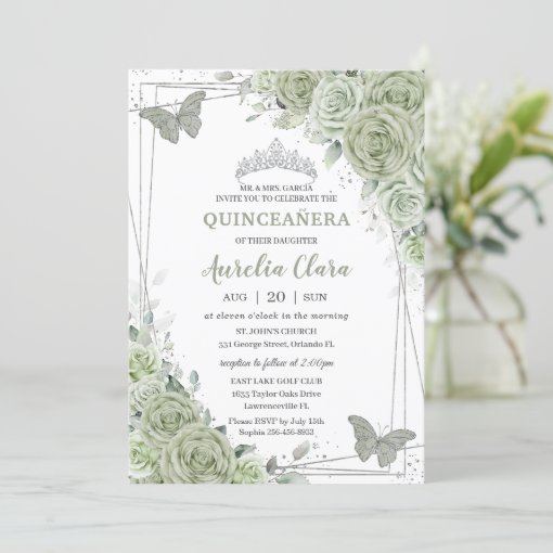 Sage Green Floral Butterflies Silver Quinceañera Invitation | Zazzle