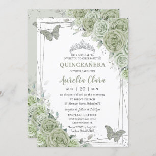 Sage Green Floral Butterflies Silver Quinceañera Invitation