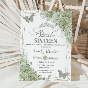 Sage Green Floral Butterflies Silver Sweet Sixteen Invitation