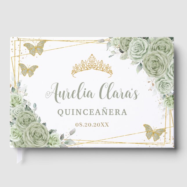 Sage Green Floral Butterfliies Gold Quinceañera Guest Book (Front)
