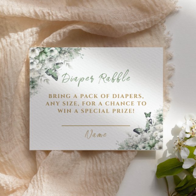 Sage Green Floral Butterfly Diaper Raffle Ticket Enclosure Card (Creator Uploaded)