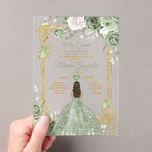 Sage Green Floral Butterfly Gold Frame Mis Quince Acrylic Invitations