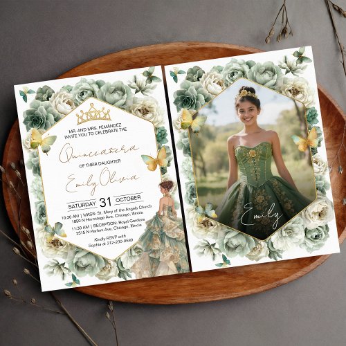 Sage Green Floral Butterfly Photo Quincea&#241;era Invitation