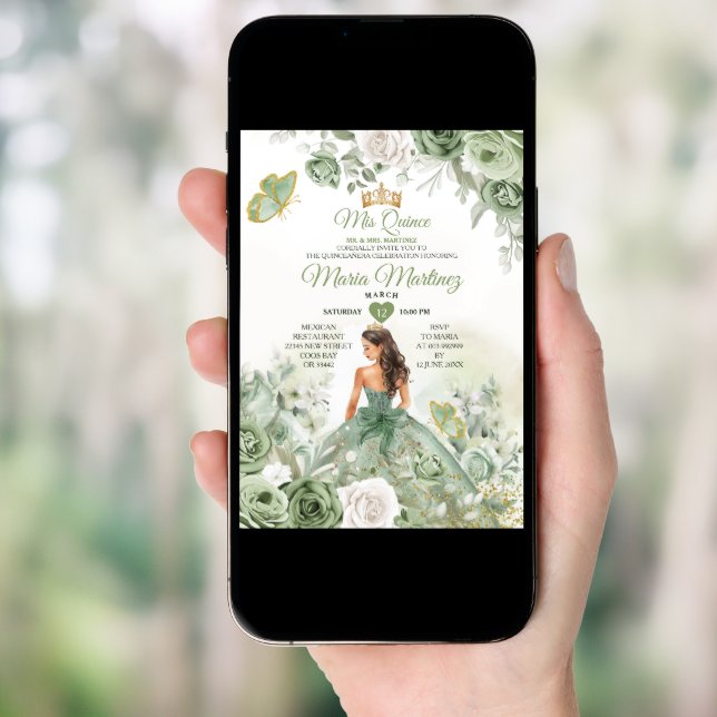 Sage Green Floral Butterfly Princess Mis Quince Invitation (Front Digital)