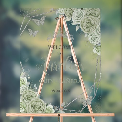 Sage Green Floral Butterfly Quincea&#241;era XV Welcome Acrylic Sign