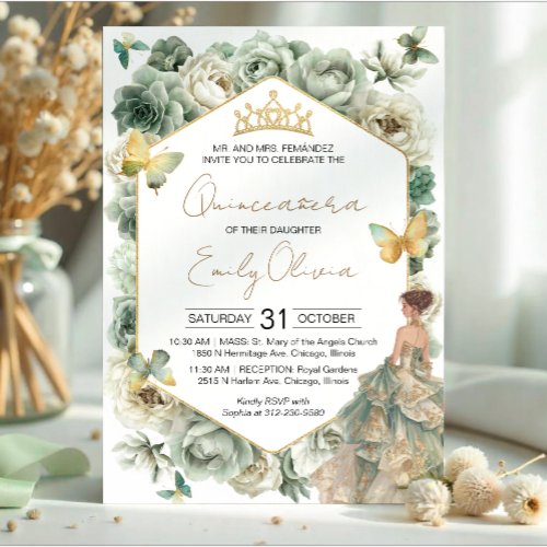 Sage Green Floral Butterfly Tiara Quincea&#241;era Invitation