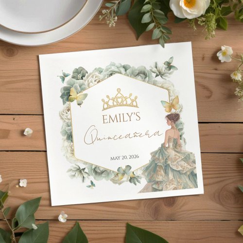 Sage Green Floral Butterfly Tiara Quincea&#241;era Napkins