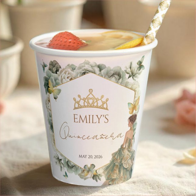 Sage Green Floral Butterfly Tiara Quinceañera Paper Cups (Creator Uploaded)
