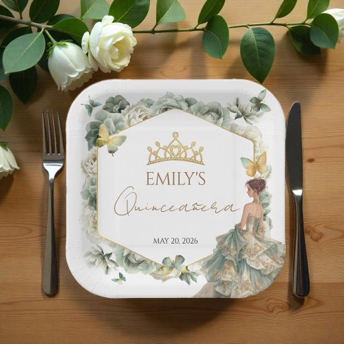 Sage Green Floral Butterfly Tiara Quincea&#241;era Paper Plates