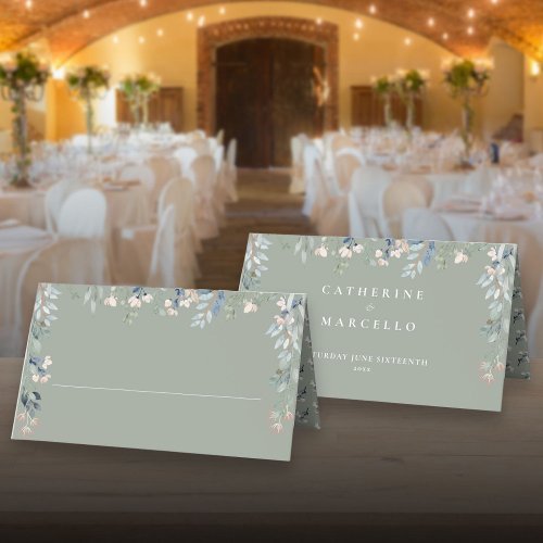 Sage Green Floral Cacscade Wedding  Place Card