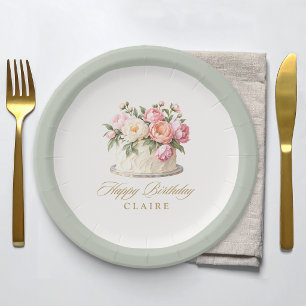 Sage Green Floral Cake Stylish Birthday Party Paper Plates