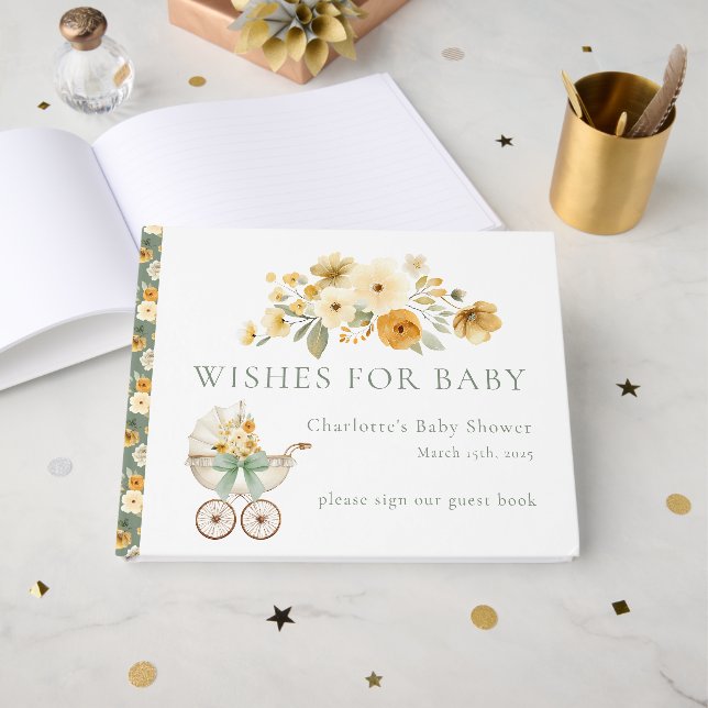 Sage Green Floral Carriage Baby Shower Guest Book (Front Open)