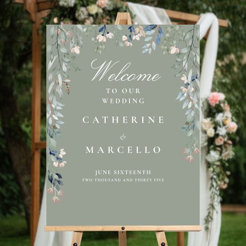 Sage Green Floral Cascade Wedding Welcome Sign