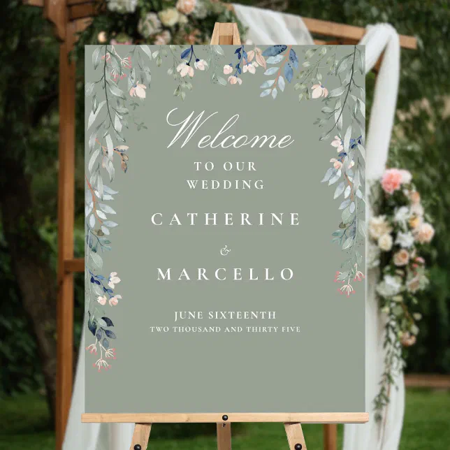 Sage Green Floral Cascade Wedding Welcome Sign | Zazzle