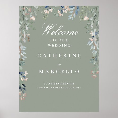 Sage Green Floral Cascade Wedding Welcome Sign