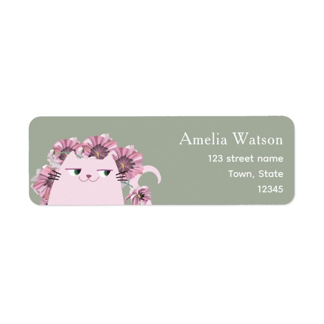 Sage Green Floral Cat Return Address Label (Front)