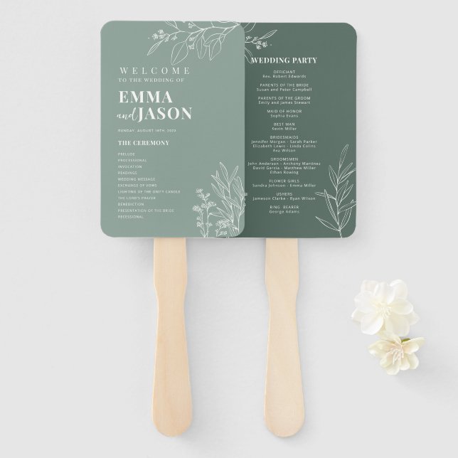Sage Green Floral Ceremony Program Hand Fan (Front and Back)