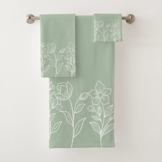 Sage Green Floral Contemporary Boho Minimalist  Bath Towel Set (Insitu)