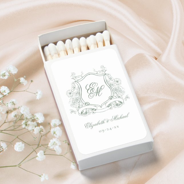 Sage Green Floral Crest Monogram Elegant Wedding Matchboxes (Creator Uploaded)