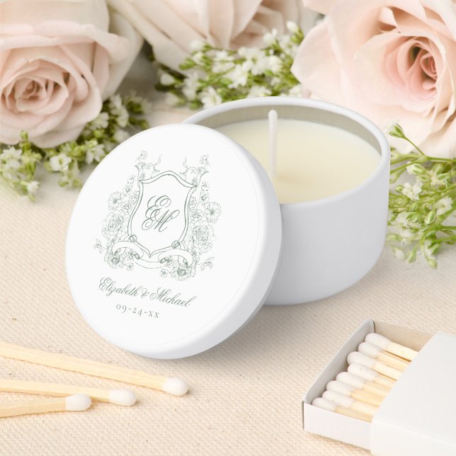 Sage Green Floral Crest Monogram Elegant Wedding Mini Candle Favors (Creator Uploaded)