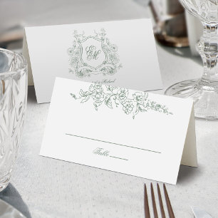 Sage Green Floral Crest Monogram Elegant Wedding Place Card