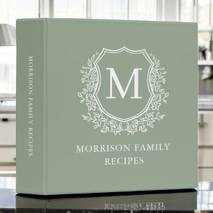Sage Green Floral Crest Monogram Family Recipe 3 Ring Binder