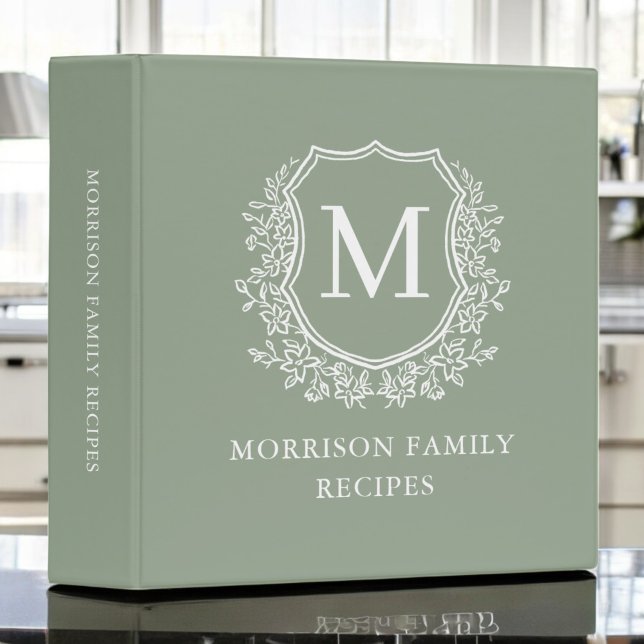 Sage Green Floral Crest Monogram Family Recipe 3 Ring Binder (Creator Uploaded)