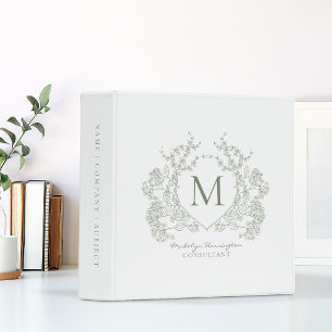 Sage Green Floral Crest Monogram Office School 3 Ring Binder