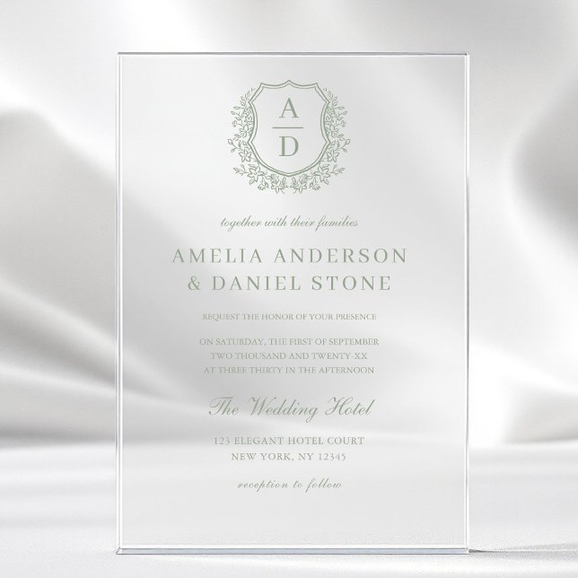 Sage Green Floral Crest Monogram Wedding Acrylic Invitations (Creator Uploaded)
