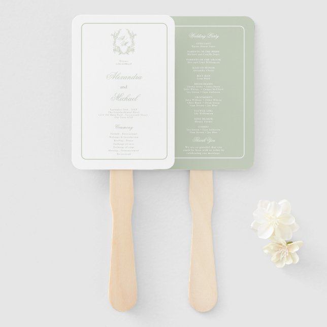 Sage Green Floral Crest Monogram Wedding Program Hand Fan (Front and Back)